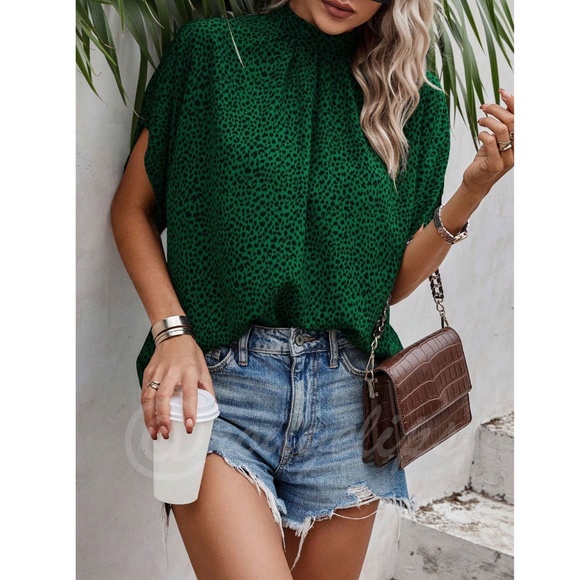 Spotted Print Green Blouse Top Flowy, High Neck - Picture 2 of 6